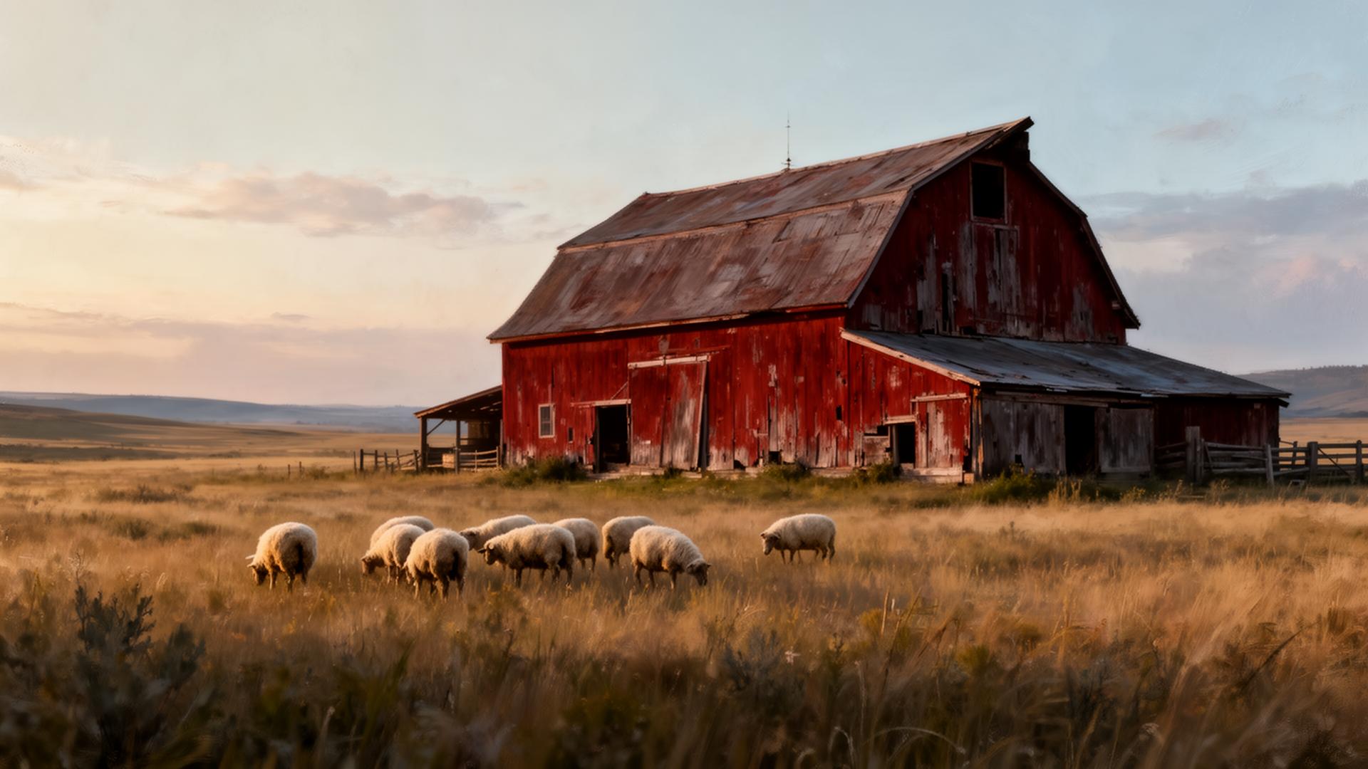 Sheep gathered near a barn